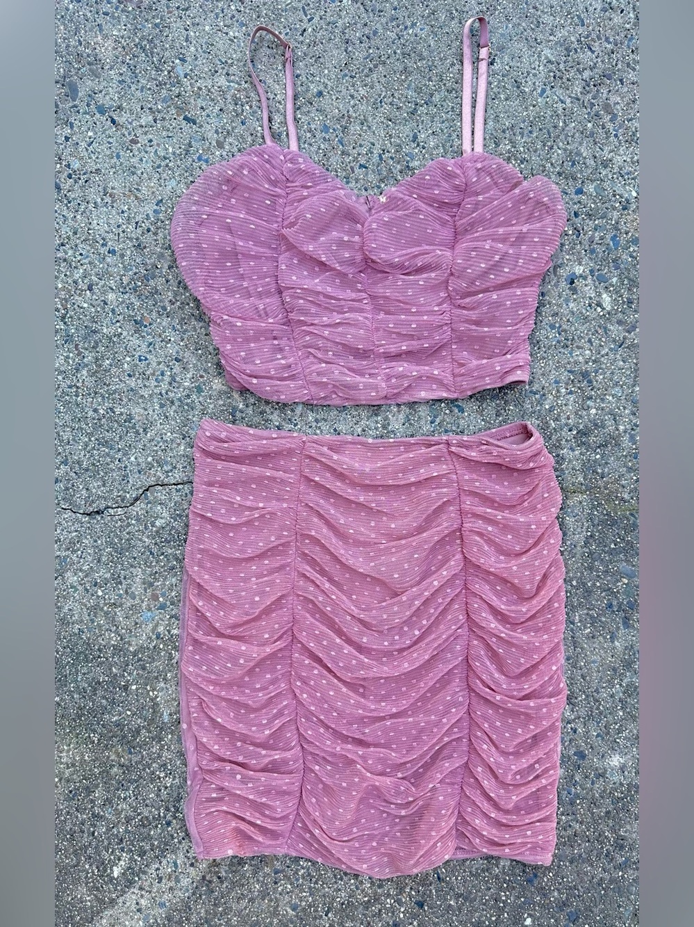 Pink Ruched Polka Dot Two-Piece Crop Top & Skirt Set Medium - Picture 1 of 13